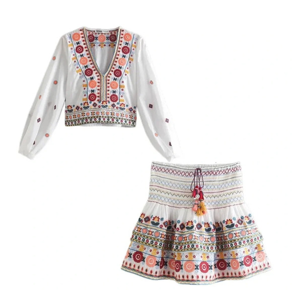 Zara Embroidered Set embellished beaded skirt top boho colorful long sleeve crop - Picture 11 of 14
